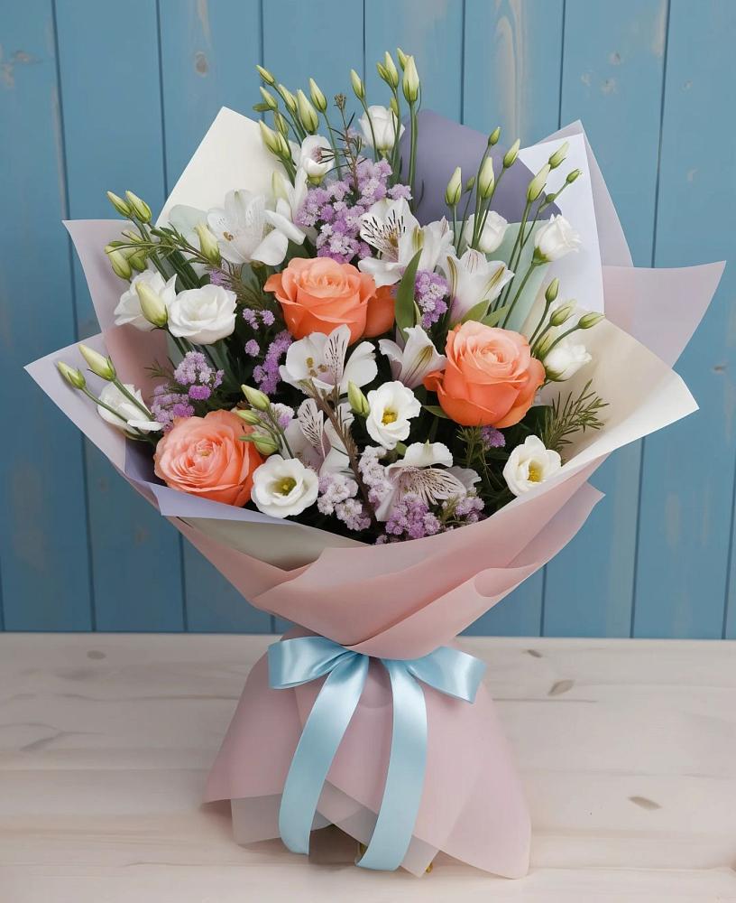 Букет цветов из: Лизиантусы, Розы, Альстромерии и Гипсофила в Ессентуки